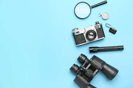 Set of travel items with photo camera on color background Stock Photo