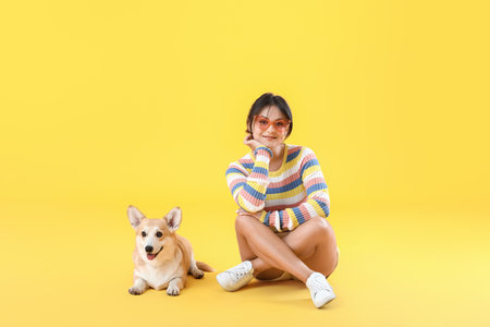 Mujer con lindo perro corgi sobre fondo de color Foto de archivo