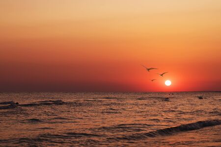 Mar tranquilo por la noche con una hermosa puesta de sol Foto de archivo