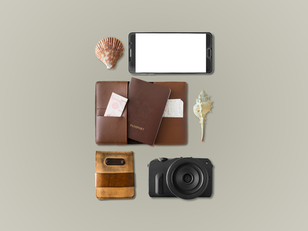 Traveler and tourist items set prepared for summer vacations Stock Photo