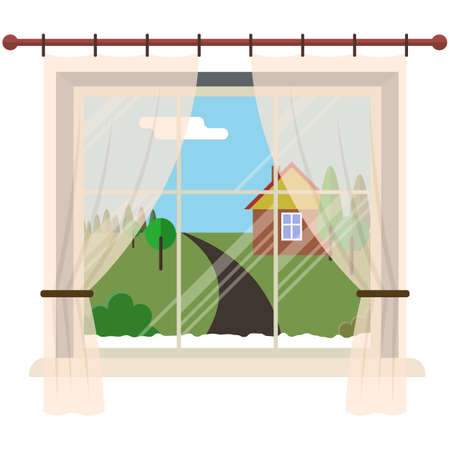 Ventana vectorial con paisaje rural desde el interior Foto de archivo