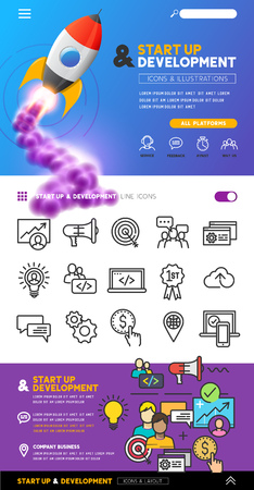 el inicio de negocios y el concepto de desarrollo con las ilustraciones y el diseño con los iconos de líneas. vector Foto de archivo