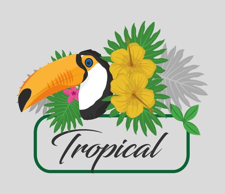 Tropic lässt Blumen und Tukan Design Standard-Bild