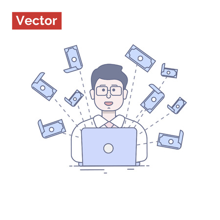 Flat illustration for website how businessman attracts money into network Stock Photo