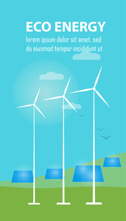 Illustration vectorielle éco énergie Panneaux solaires et éoliennes sous le ciel bleu et les nuages. Production d'énergie à partir du soleil et du vent. Eco-centrale. Concept d'énergie verte. Fond naturel Banque d'images