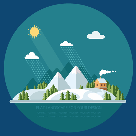 Winter landscape mountains snow capped hills flat style vector illustration