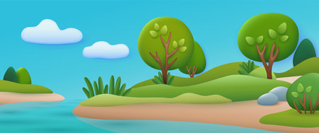 Spring landscape with river 3d illustration natural background with green trees bushes and lake shore in cartoon style nature summer season forest concept