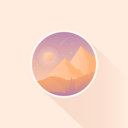 A vector badge design of season vacation mountains with sun and trees nature landscape long shadow flat design