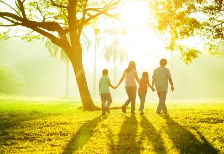 Feliz asiática sosteniendo las manos de la familia caminando sobre césped verde