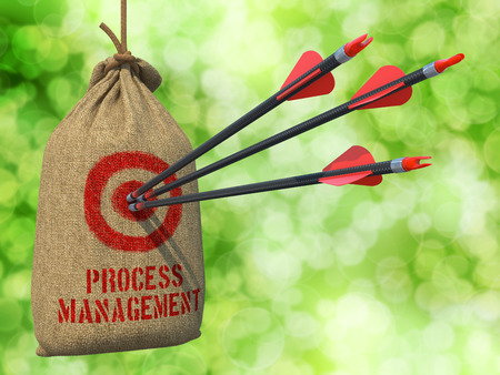 Process management three arrows hit in red target on a hanging sack on natural bokeh background