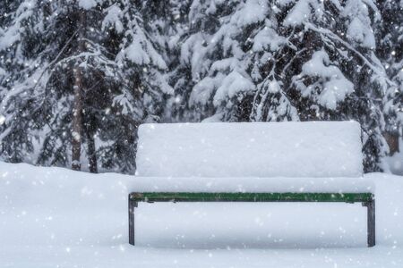 Bench under snowfall Stock Photo