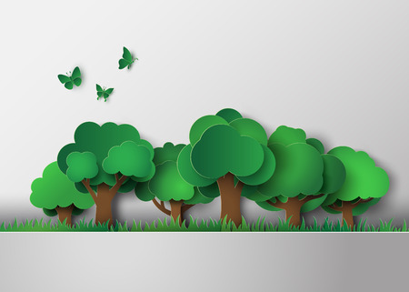 Forest with trees and grass paper art style