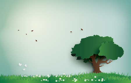 Alone tree on the field with clear day paper art and digital craft style Stock Photo