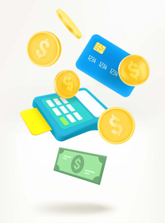 Shopping and ecommerce concept with payment terminal and money