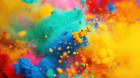 Explosion of colored powders in vibrant hues of blue yellow and red fill all background abstract and artistic concept for design and background holi celebration colorful powder