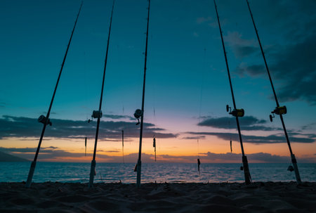 Fishing rods held in fishing rod holders the rods are bent from the weight of the down riggers trolling for salmon of the coast