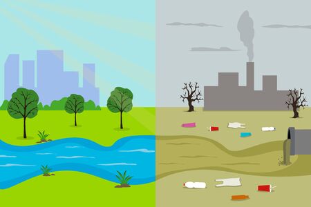 Vergleichendes Konzept der Ökologiekarikatur eines sauberen Planeten und verschmutzt durch industrielle Verschmutzung. Vektor-Illustration. Standard-Bild