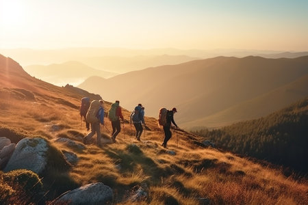 A group of backpackers walking through the mountains at sunset Stock Photo