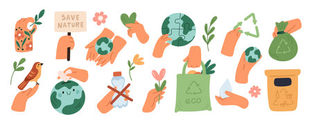 Ökologische Embleme mit menschlichen Händen retten Planetenkompositionen Naturschutz Erdressourcen Pflege Umweltschutz Blumen in Waffen Müll recyceln grelles Vektorset