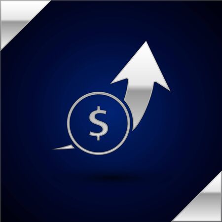 Silver financial growth and coin icon isolated on dark blue background increasing revenue vector illustration