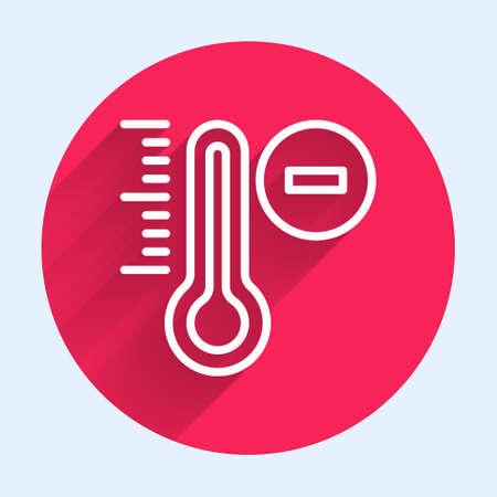 White line meteorology thermometer measuring icon isolated with long shadow thermometer equipment showing hot or cold weather red circle button vector