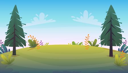 césped claro césped en el fondo del bosque, campo verde de niños brillantes alegres, estilo de dibujos animados colina sol de verano cielo claro con nubes arbustos y flores en el jardín con abetos, vector