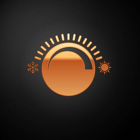 Gold thermostat icon isolated on black background temperature control vector illustration Stock Photo