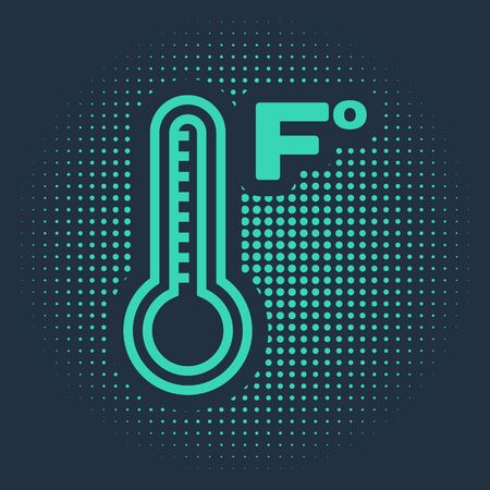 Thermomètre météorologique vert mesurant l'icône de chaleur et de froid isolé sur fond bleu. Température Fahrenheit. Points aléatoires de cercle abstrait. Illustration vectorielle Banque d'images