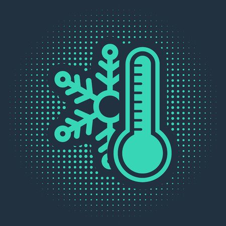 Green thermometer with snowflake icon isolated on blue background abstract circle random dots vector illustration