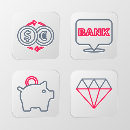 Set line diamond piggy bank bank building and money exchange icon vector