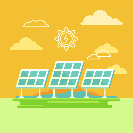 Illustration in simple flat style alternative and renewable energy solar panels with natural landscape Фото со стока