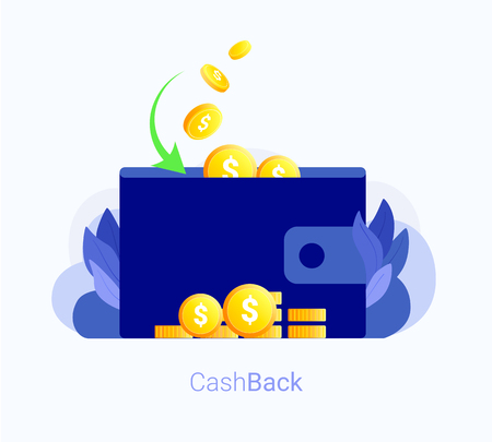 Cash back concept wallet with money and gold coins back cash back bank transaction trendy flat style vector illustration Stock Photo