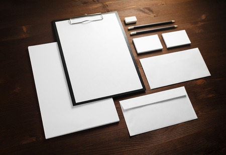 Blank corporate stationery on wooden background template for branding identity