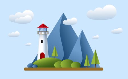 Lighthouse with clouds mountains roks andtree lighthouse in ocean for navigation illustration island landscape