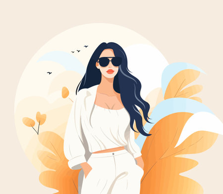 Beautiful young woman in sunglasses on the background of autumn leaves vector illustration