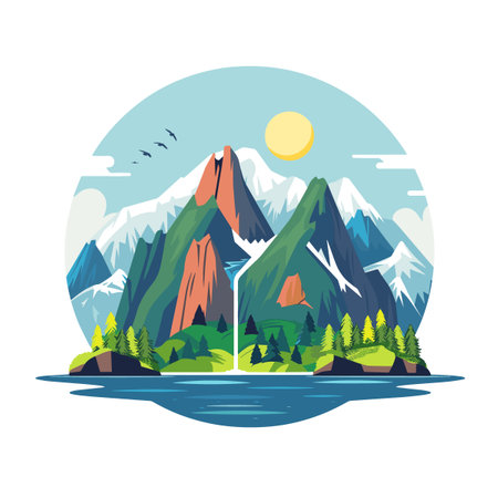 Mountain landscape with lake and forest flat style vector illustration