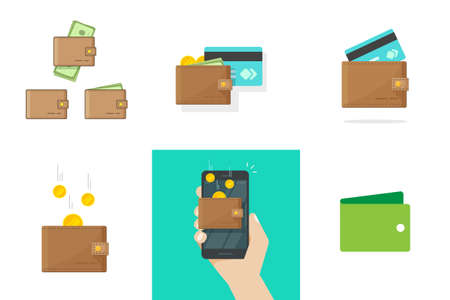 Wallet vector set with credit bank card money coins savings or income and mobile cell phone digital electronic technology in person hand flat cartoon and shape silhouette icon pictogram isolated