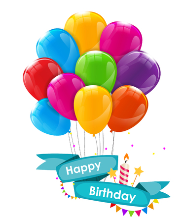 Happy birthday card template with balloons ribbon and candle vector illustration eps10 Фото со стока