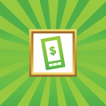 Image of dollar symbol on phone screen in golden frame on green abstract background