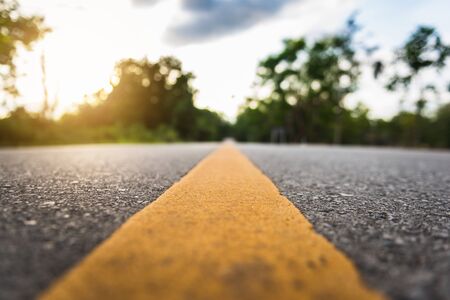 Asphalt road with yellow diving line and forest background