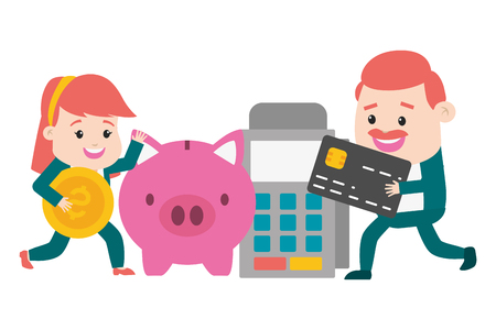 Business people pos terminal piggy bank card online payment vector illustration