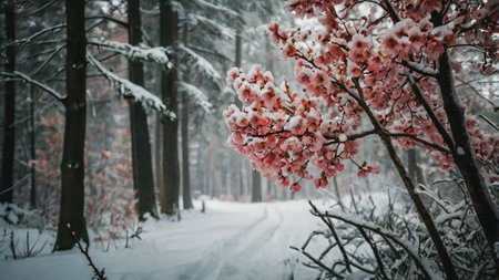 Beautiful cherry blossom trees in winter forest with snow and fog Фото со стока