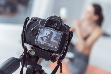 Professional video selective focus of a camera screen during the video recording process Stock Photo