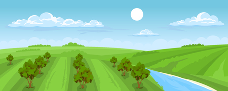 Ilustracja kreskówkowa przedstawiająca wiejski krajobraz letni z drzewami owocowymi, rzeką i niebem Zdjęcie Seryjne