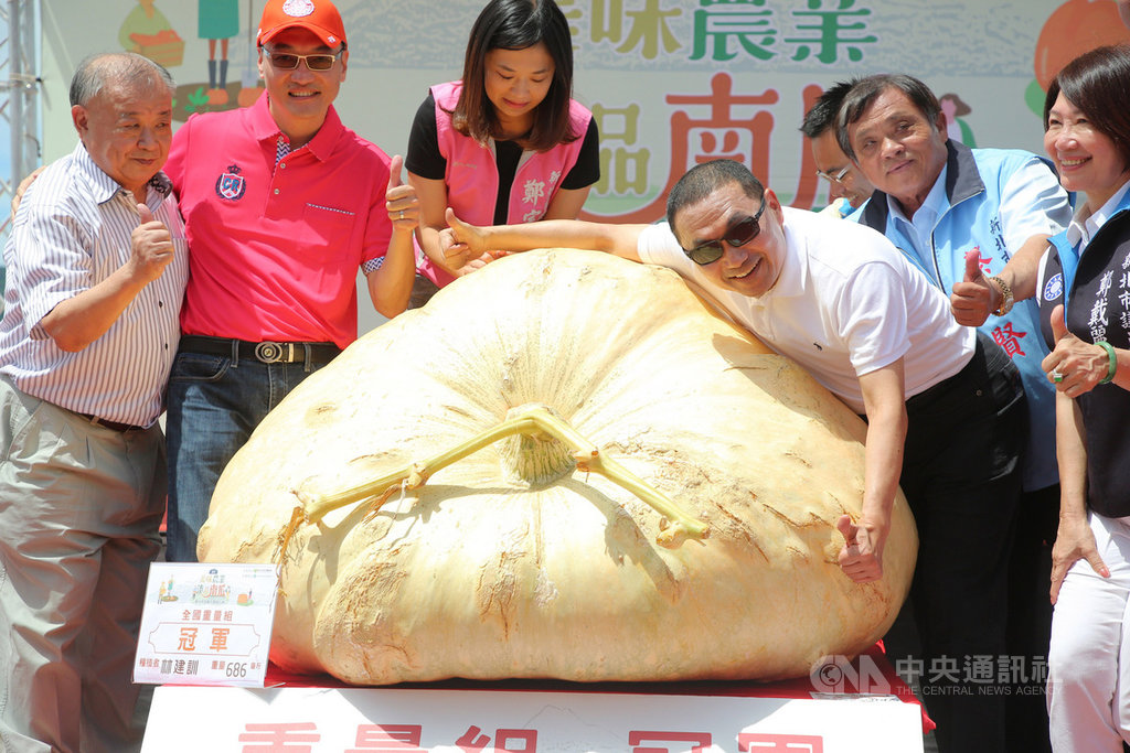 新北市政府農業局輔導淡水區農會舉辦「109年全國大南瓜比賽」，21日舉行頒獎典禮，重量王由淡水農友種出的686斤大南瓜奪冠，市長侯友宜（前右）親自頒發冠軍獎金。中央社記者王鴻國攝　109年6月21日