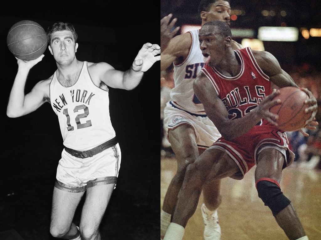運動界充滿了各種迷信儀式，如30年前NBA球褲較緊繃，直到麥克．喬丹（右）穿了大一號的制服，如今大家都穿這樣的球褲。左圖為1951年的文斯．博里拉（Vince Boryla），右前為1987年的喬丹。（美聯社）
