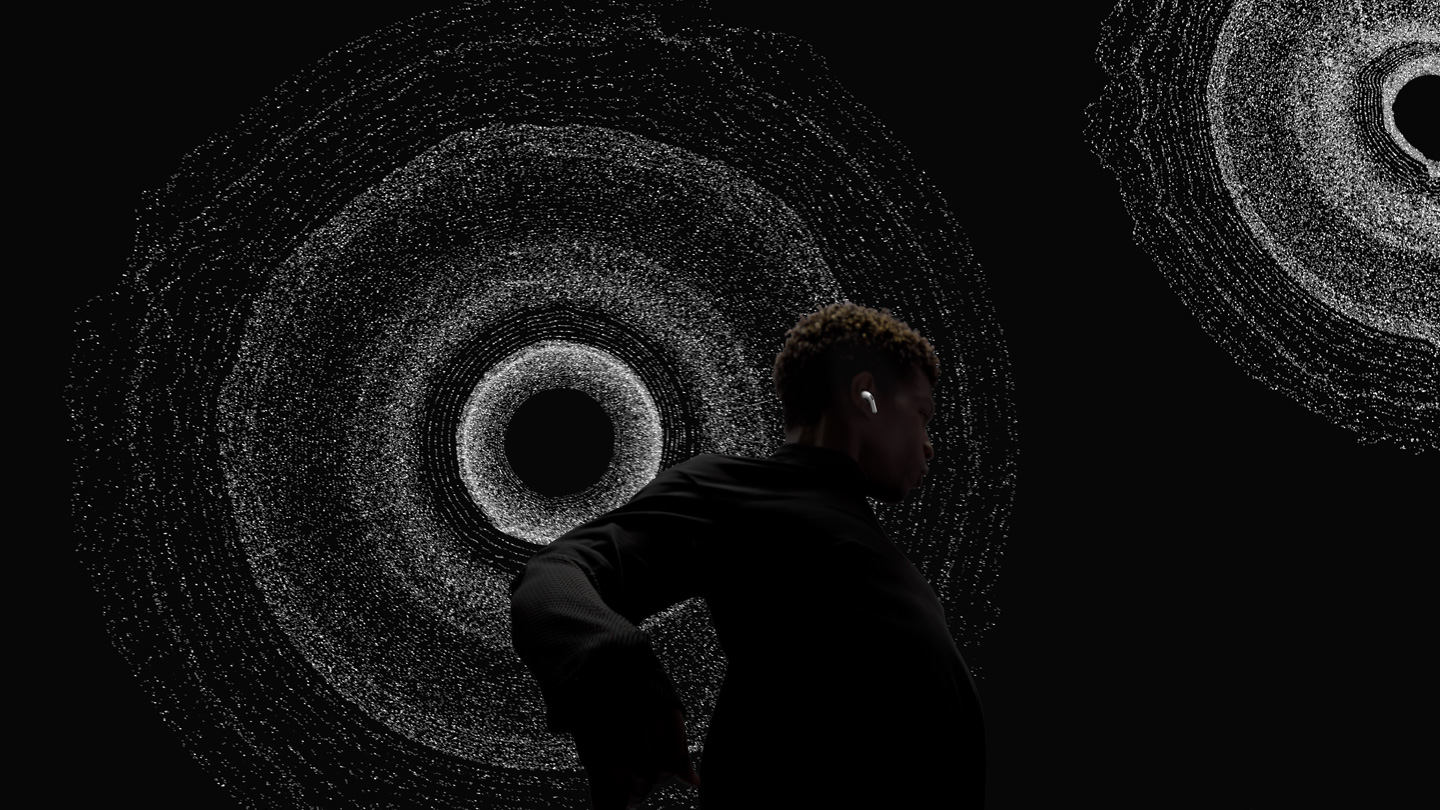 Visualized sound channels surrounding a dancer and playing audio from every direction.