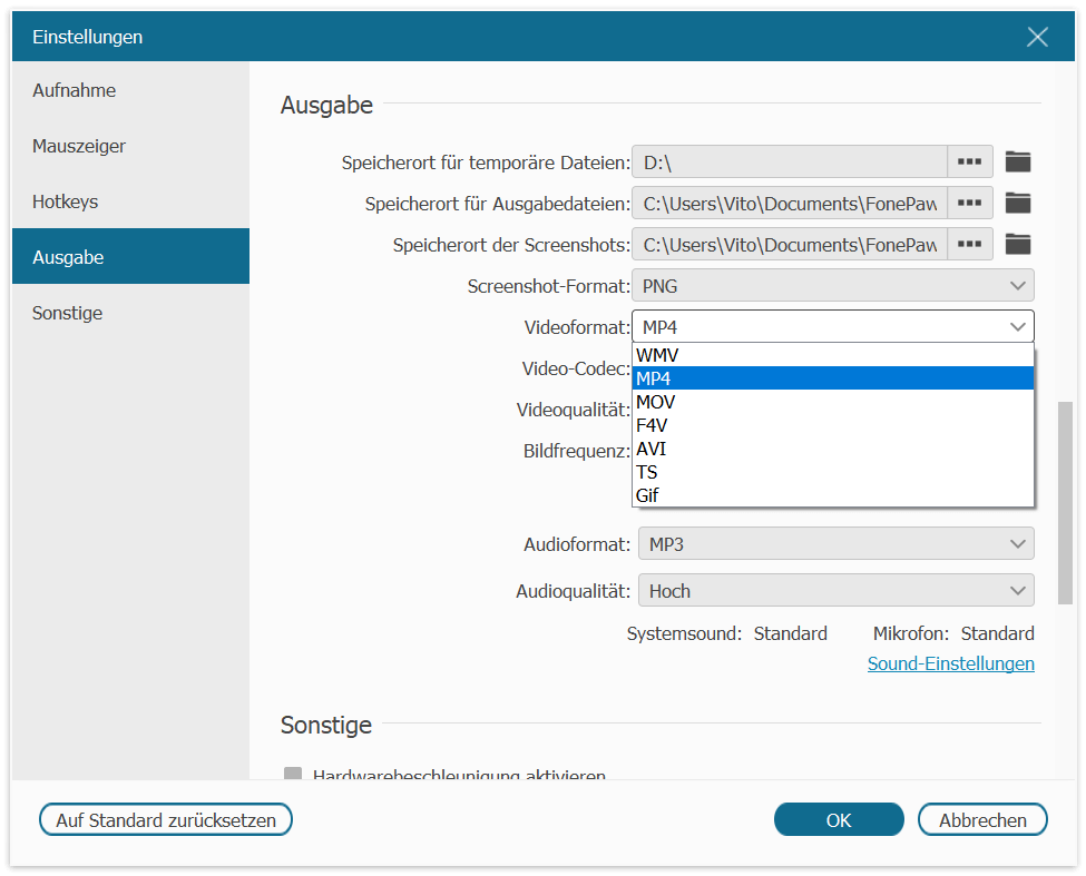 Videoformat für Videoaufnahme auswählen