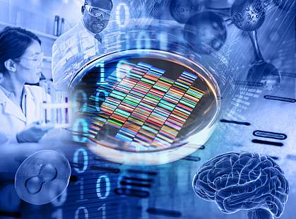 Composite graphic of biomedical research imagery. This includes a brain, molecular and cellular structures, binary code, a petri dish, and scientists in lab coats with test tubes.