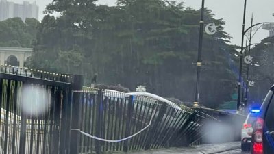 一辆轿车失控撞向新山大王宫围篱。（图取自社交媒体）